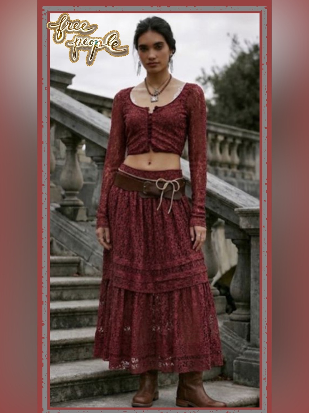 NWT Free People Arcana Set / Marsala Combo Medium Crop Top & Maxi Skirt